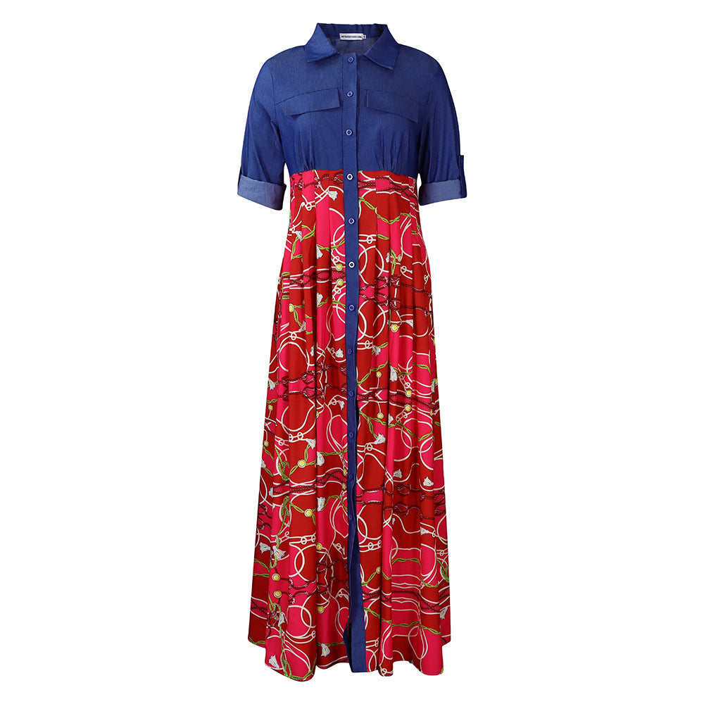 ST-dress plus size Casual denim patchwork printed long skirt big swing dress