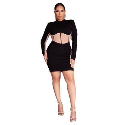 ST-dress plus Sexy diamond bar panels contrasting waist-cinching long-sleeved dress