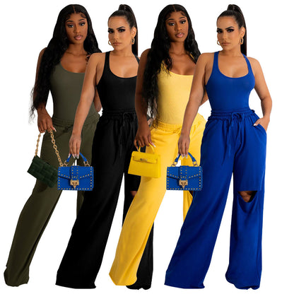 ST-dress U-neck bodysuit holes wide leg pants set