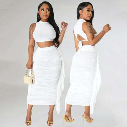 ST-dress Sexy Tight Fringed Sleeveless Two-piece Dress Set