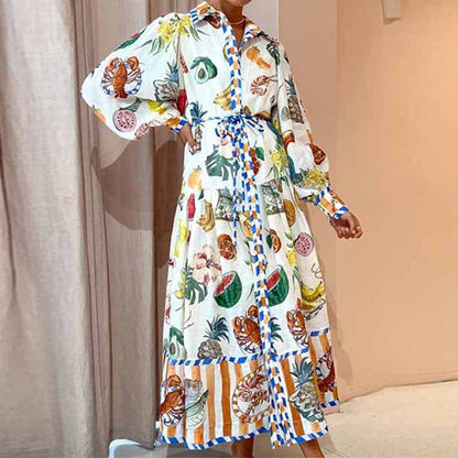 ST-dress plus size Lantern sleeve printed lapel waist waist long sleeve long dress