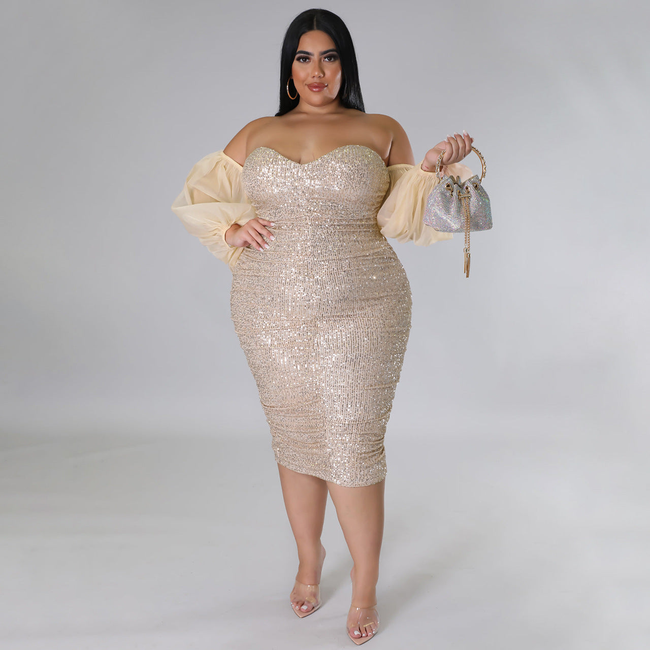 ST-dress plus size sexy sequin strapless solid color evening dress