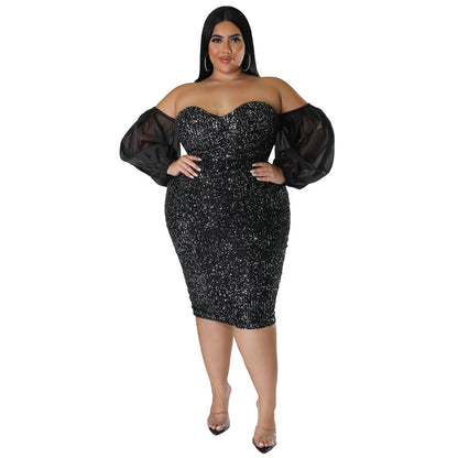 ST-dress plus size sexy sequin strapless solid color evening dress