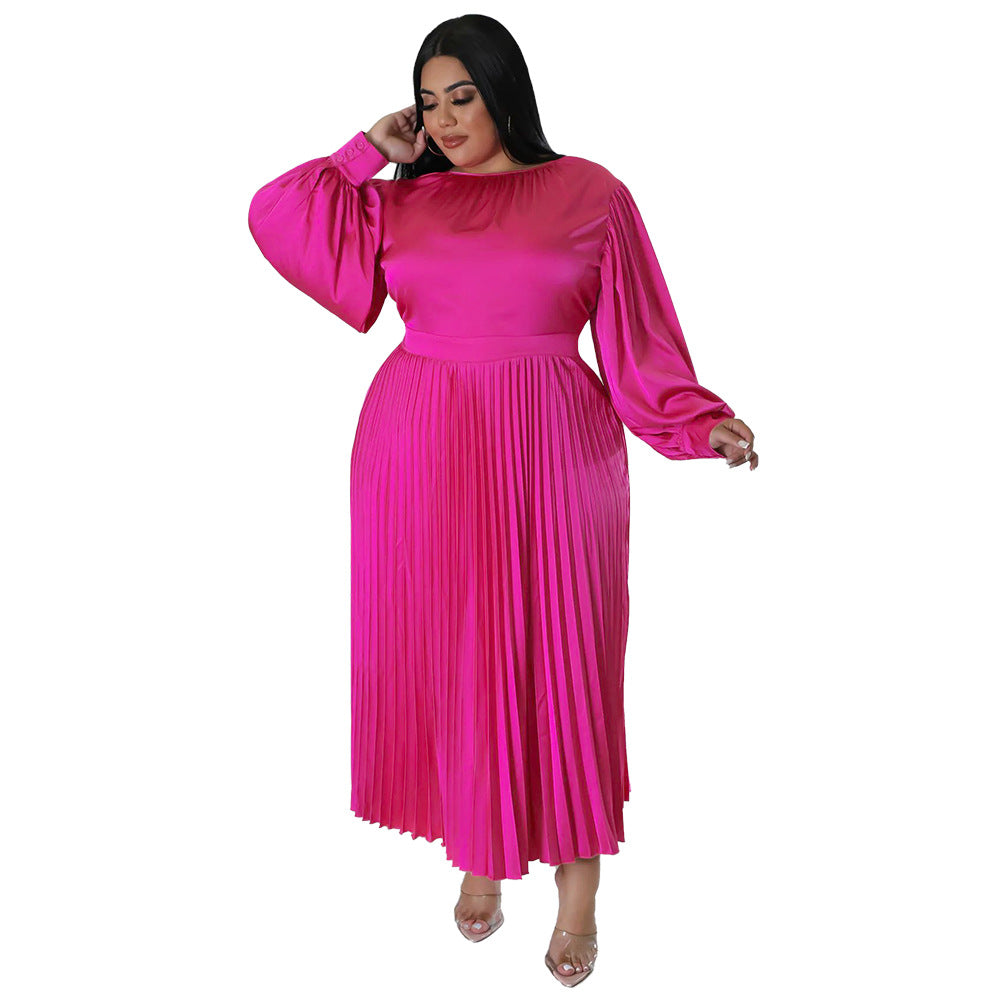 ST-dress plus size pleated round neck long sleeved dress