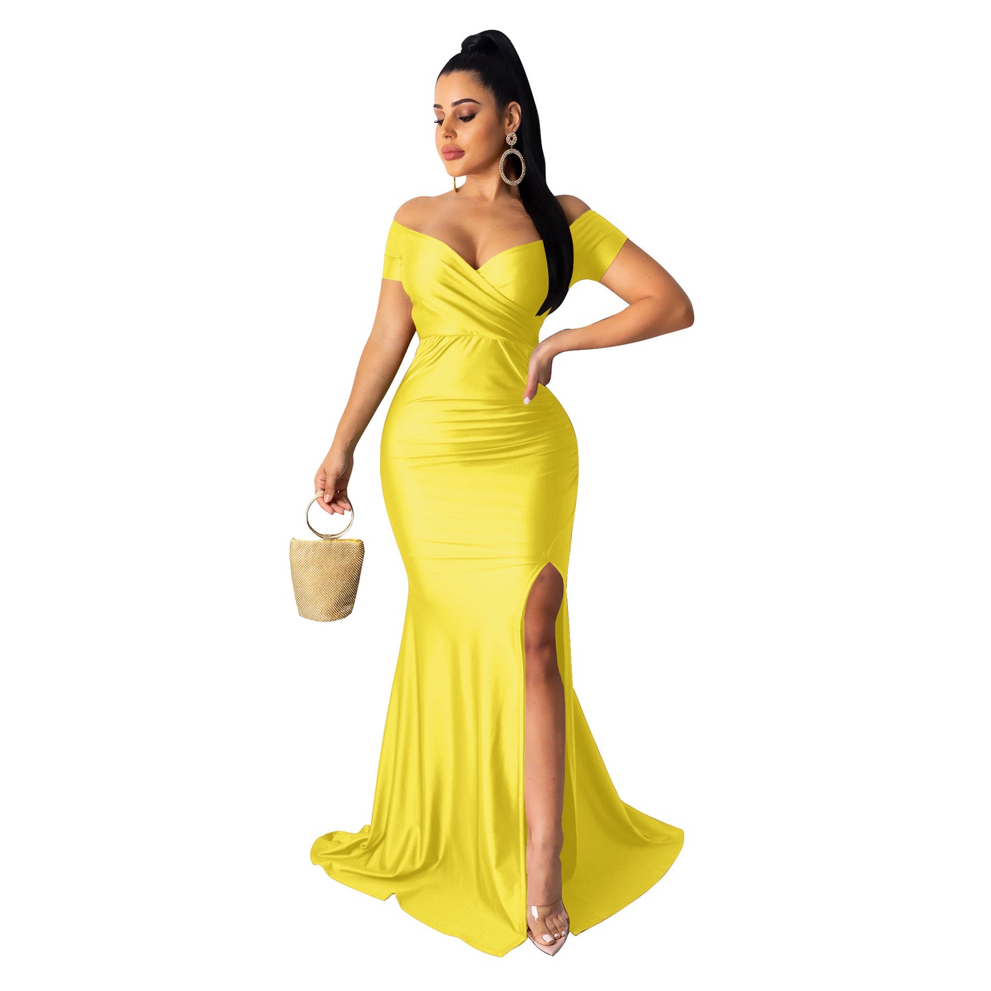 ST-dress V-neck solid color large slit short sleeved long skirt