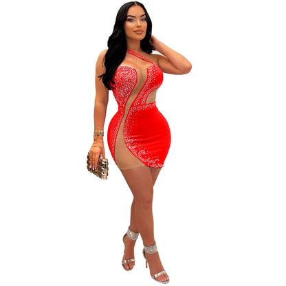 ST-dress Mesh hot diamond patchwork mini dress