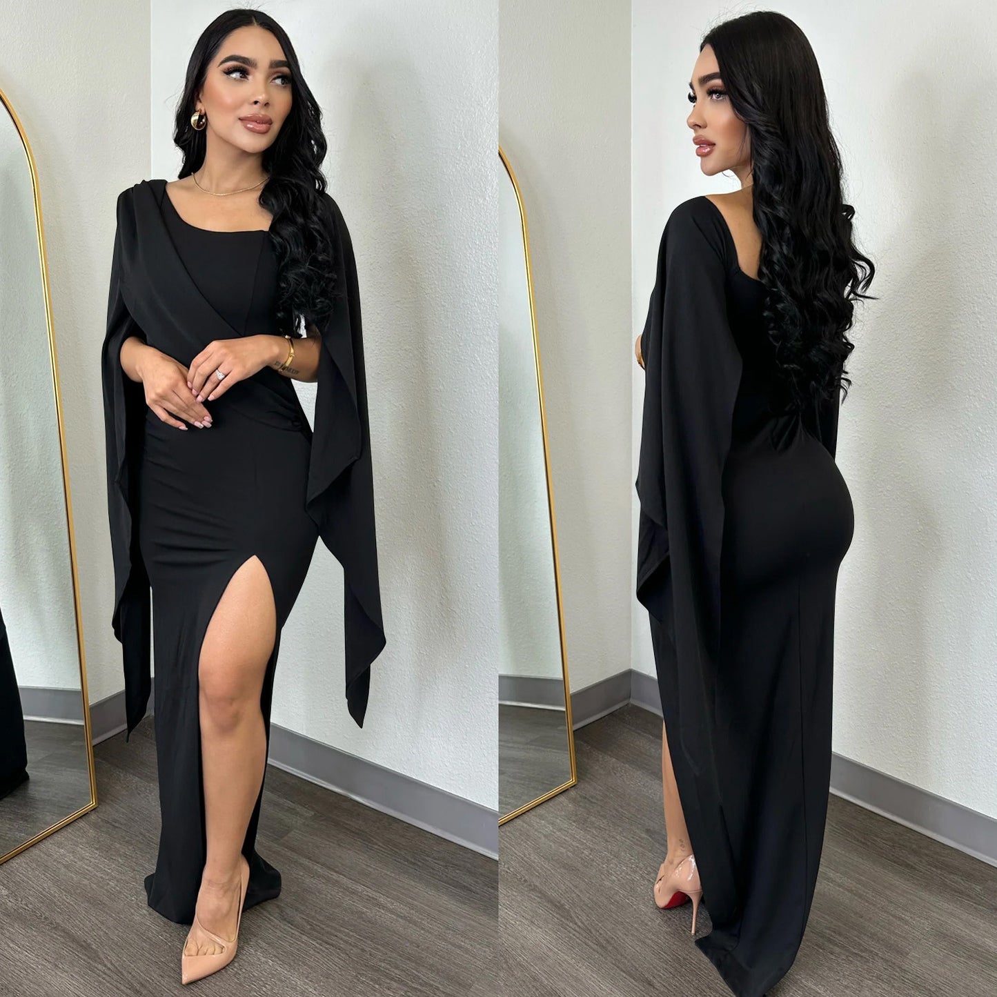 ST-dress Solid color long sleeve split pleated maxi dress