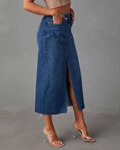 Women's high waisted washed split denim skirt