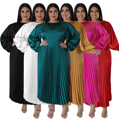 ST-dress plus size pleated round neck long sleeved dress