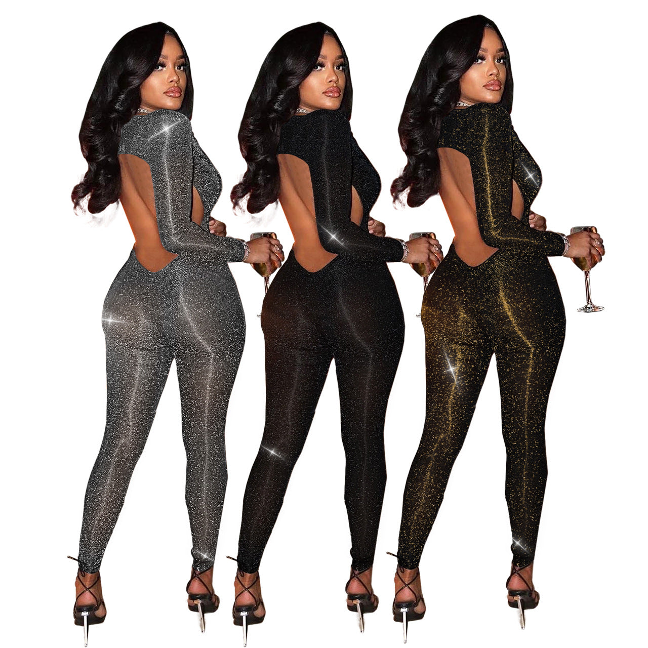 ST-dress Deep V-neck nightclub style shiny silk backless jumpsuit