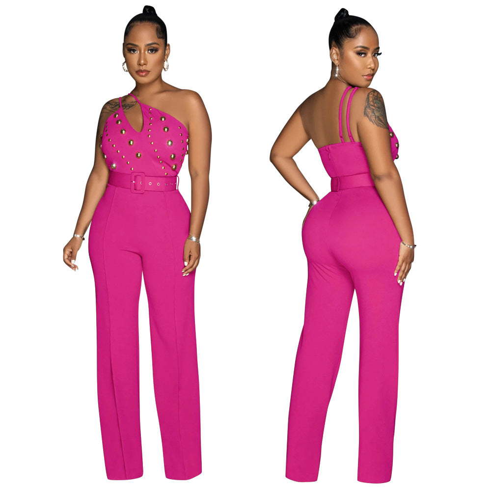 ST-dress Riveted diagonal shoulder hollow jumpsuit