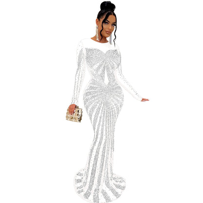 ST-dress Solid color mesh perspective hot diamond long sleeve maxi dress