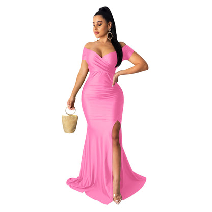 ST-dress V-neck solid color large slit short sleeved long skirt