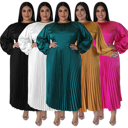 ST-dress plus size pleated round neck long sleeved dress