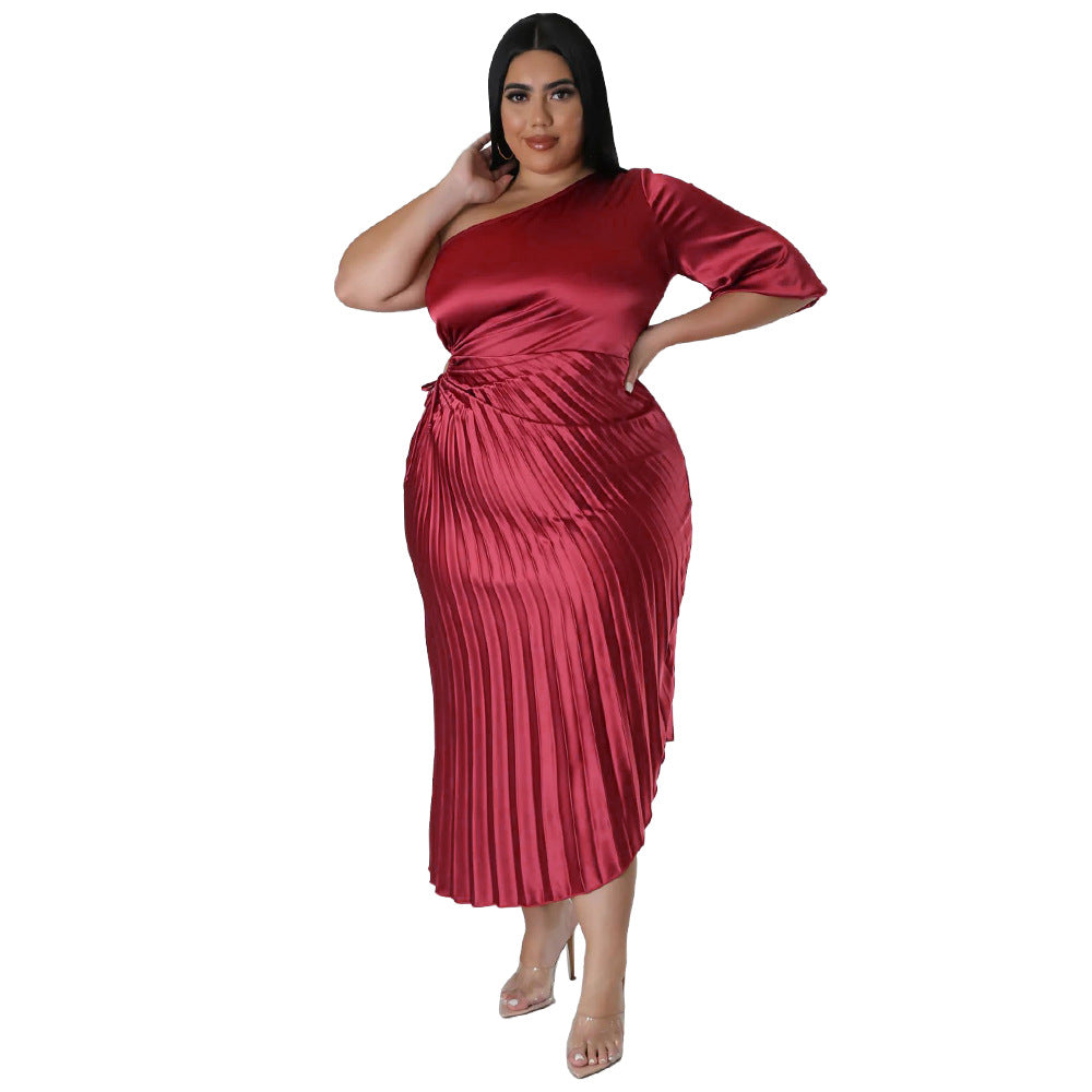 ST-dress fashion plus size sexy diagonal shoulder drawstring pleated dress