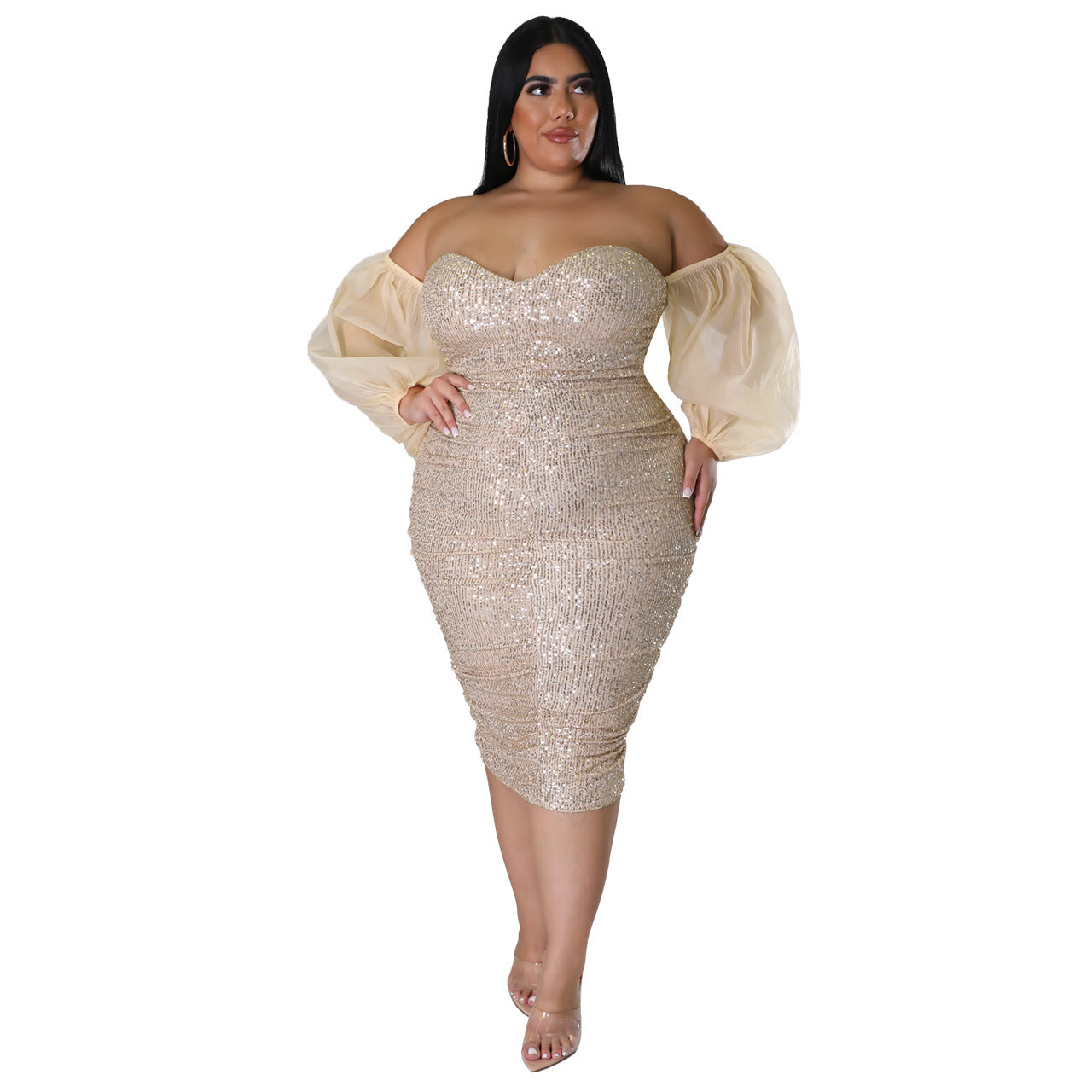 ST-dress plus size sexy sequin strapless solid color evening dress