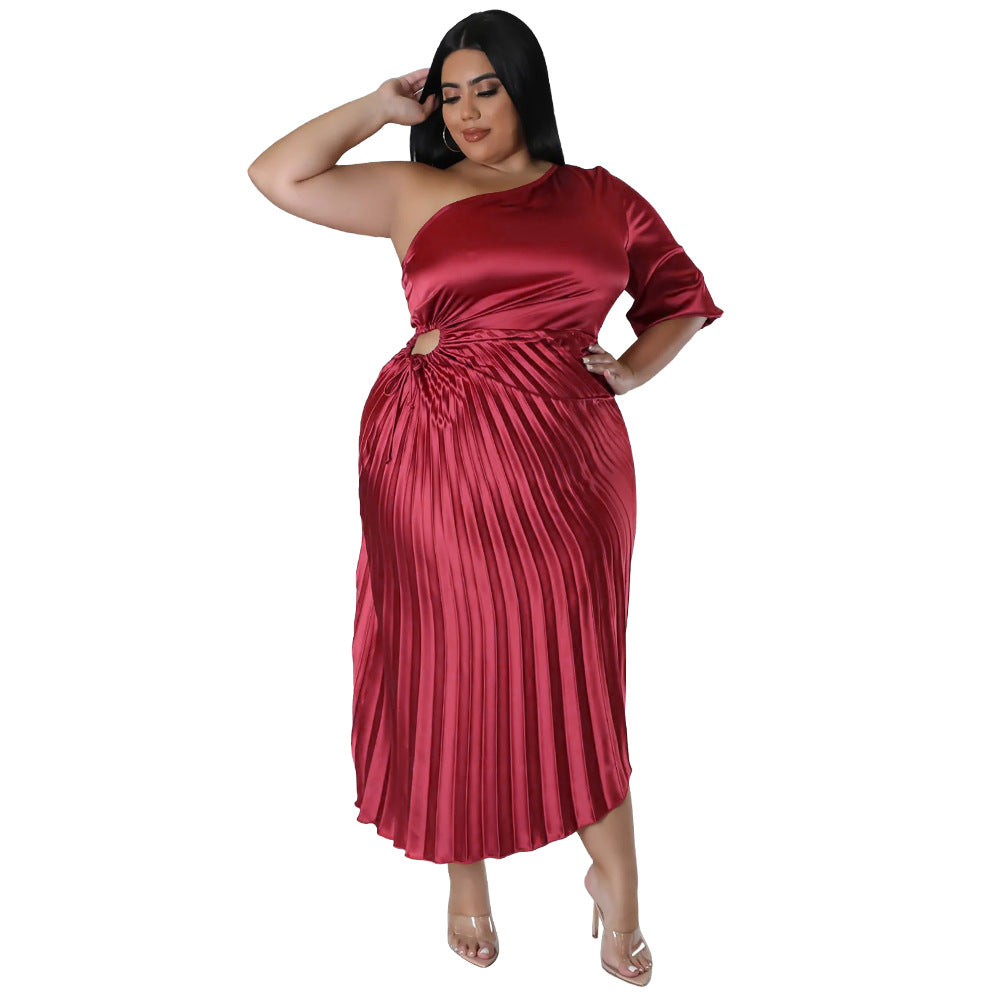 ST-dress fashion plus size sexy diagonal shoulder drawstring pleated dress