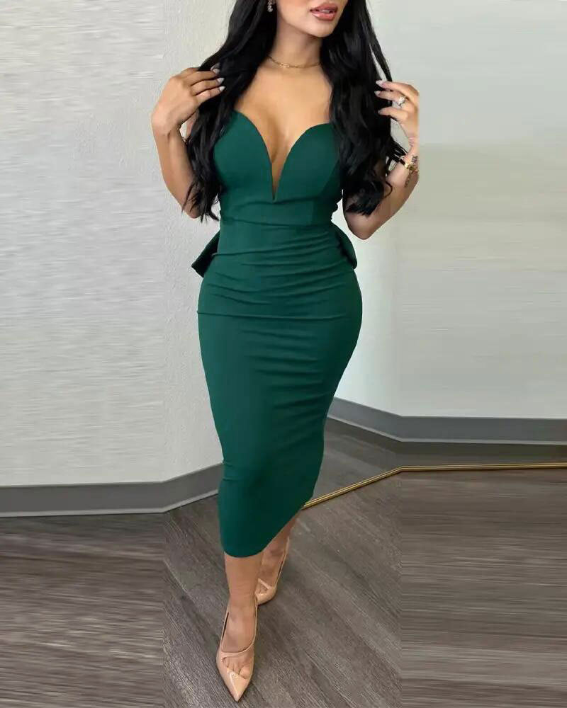 ST-dress plus size Solid color wrap hip open back deep V bow stretch slit dress