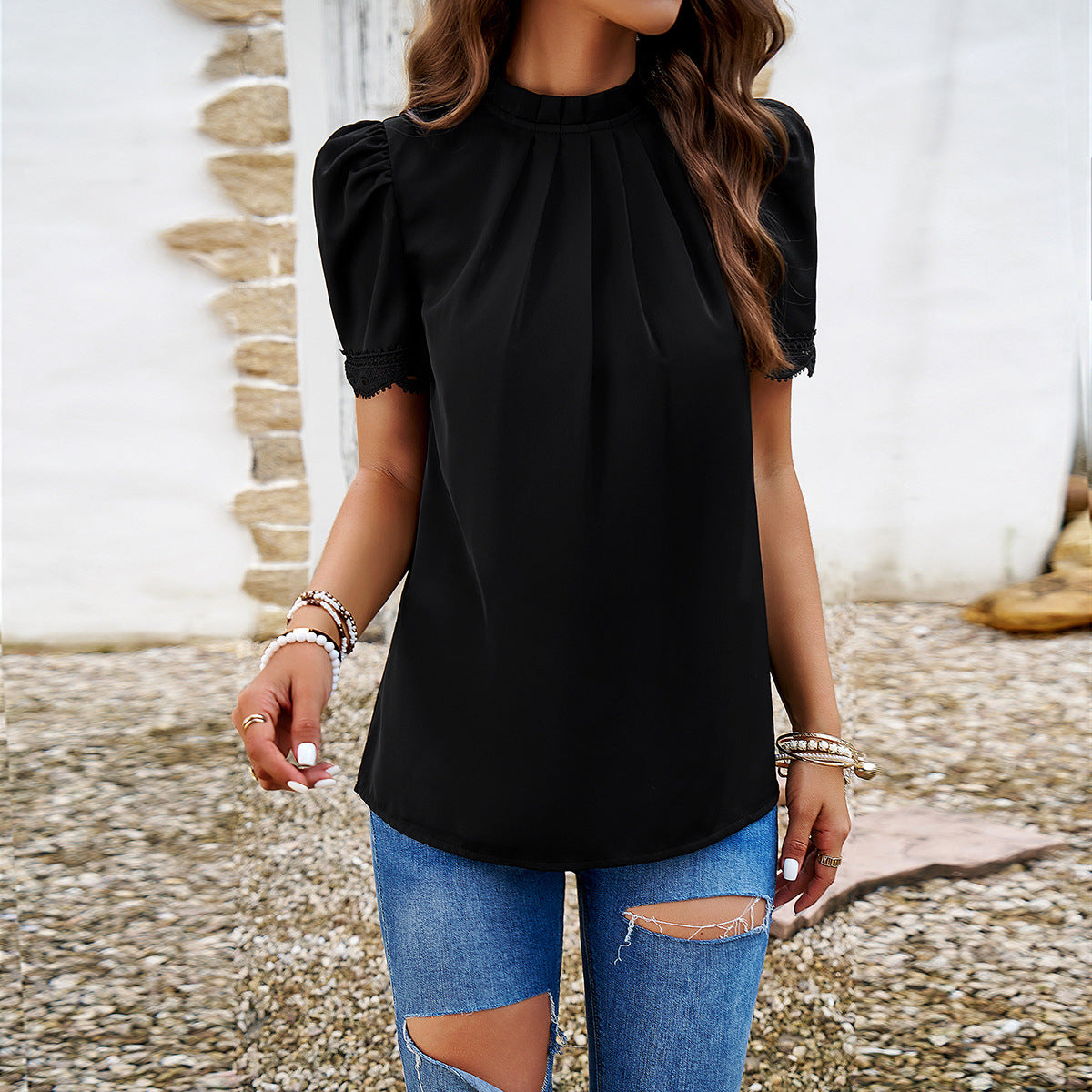 ST-dress Temperament casual solid color short-sleeved top