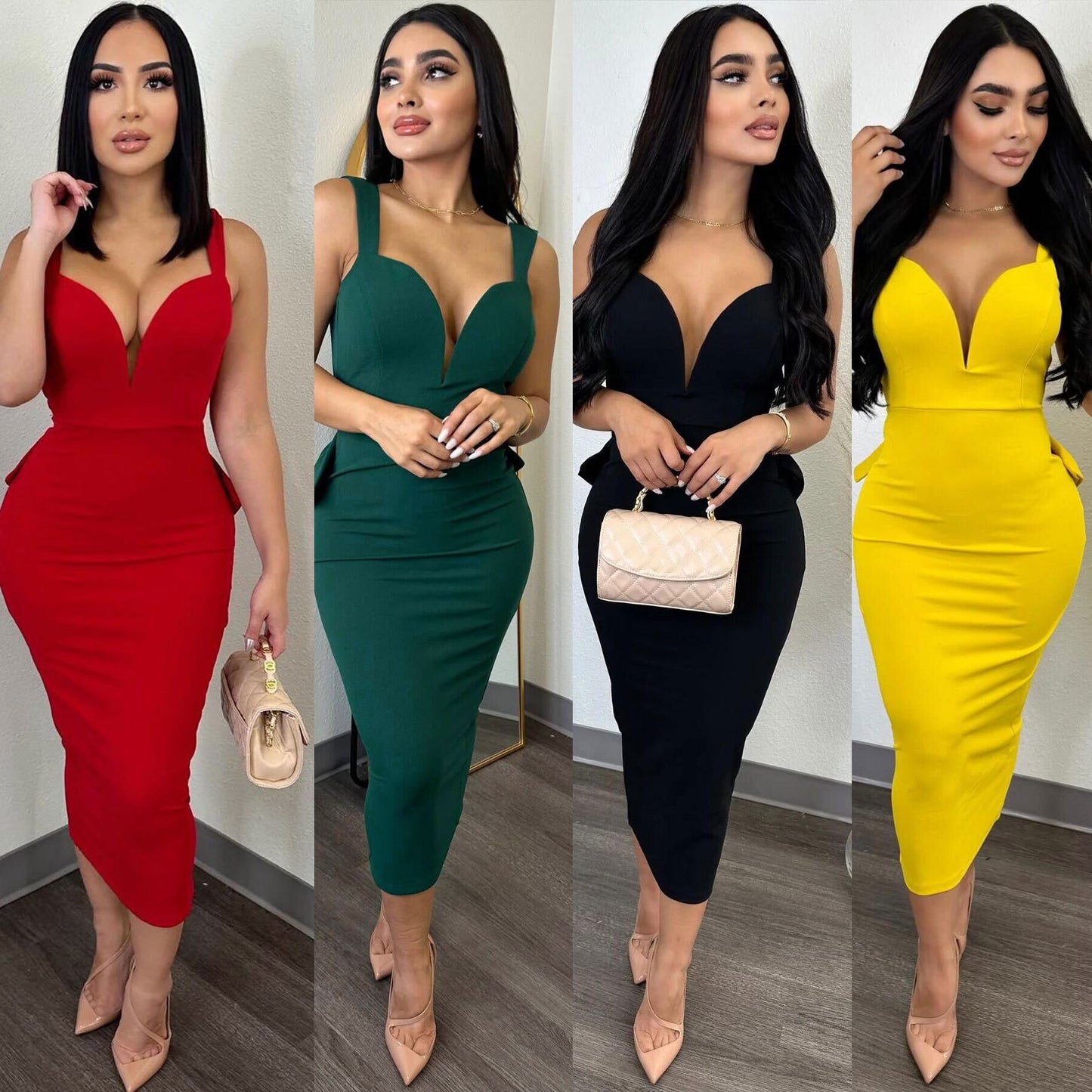 ST-dress plus size Solid color wrap hip open back deep V bow stretch slit dress