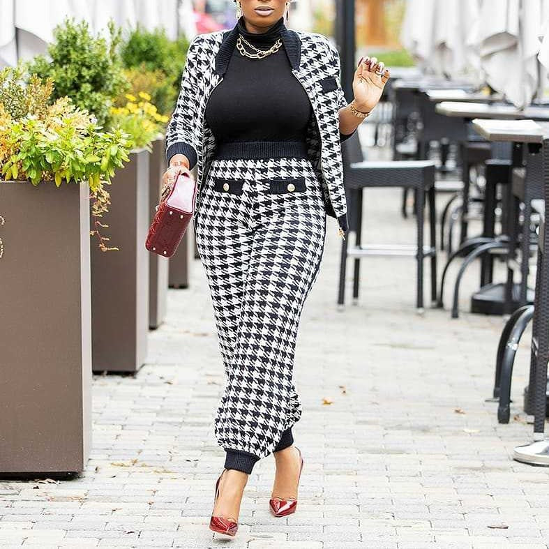 ST-dress Plus size Casual houndstooth printed button suit