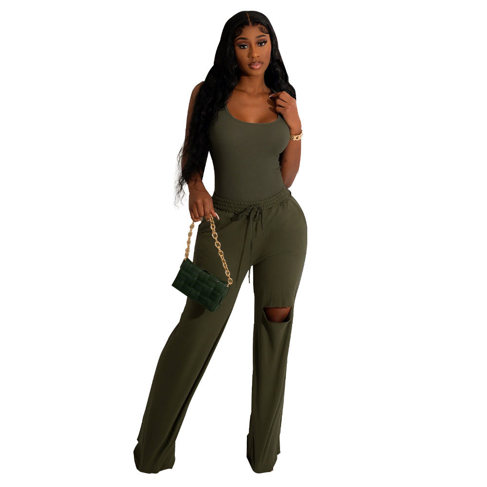 ST-dress U-neck bodysuit holes wide leg pants set