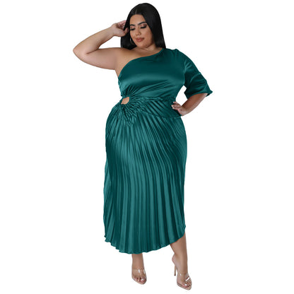 ST-dress fashion plus size sexy diagonal shoulder drawstring pleated dress