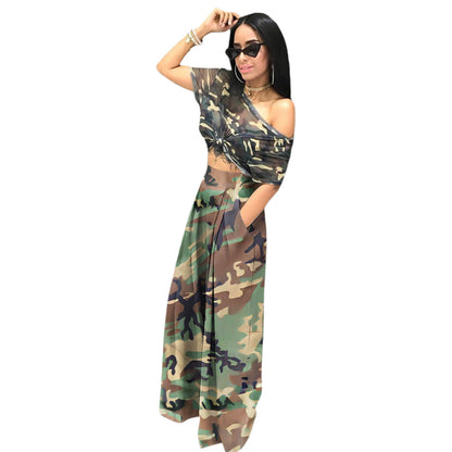 ST-dress plus size Trendy camouflage printed elastic waist wide leg pants