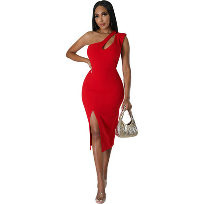 ST-dress One Shoulder Hollow Out Split Dress