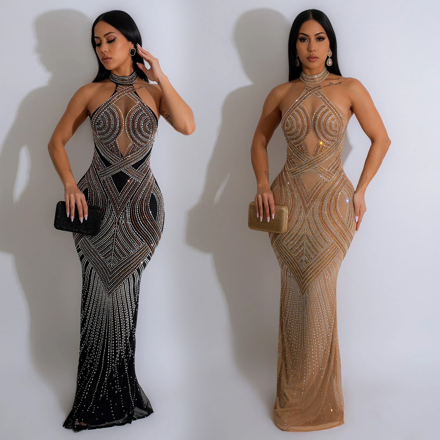 ST-dress Mesh hot diamond hanging neck maxi dress