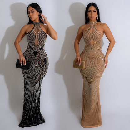 ST-dress Mesh hot diamond hanging neck maxi dress