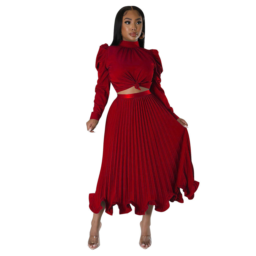 ST-dress Puffy sleeve top ruffled pleated skirt two-piece set