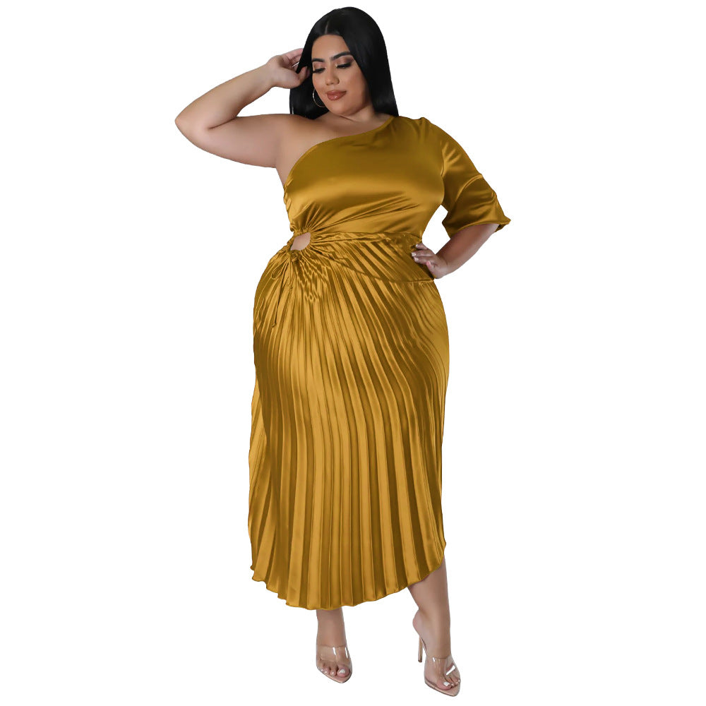 ST-dress fashion plus size sexy diagonal shoulder drawstring pleated dress