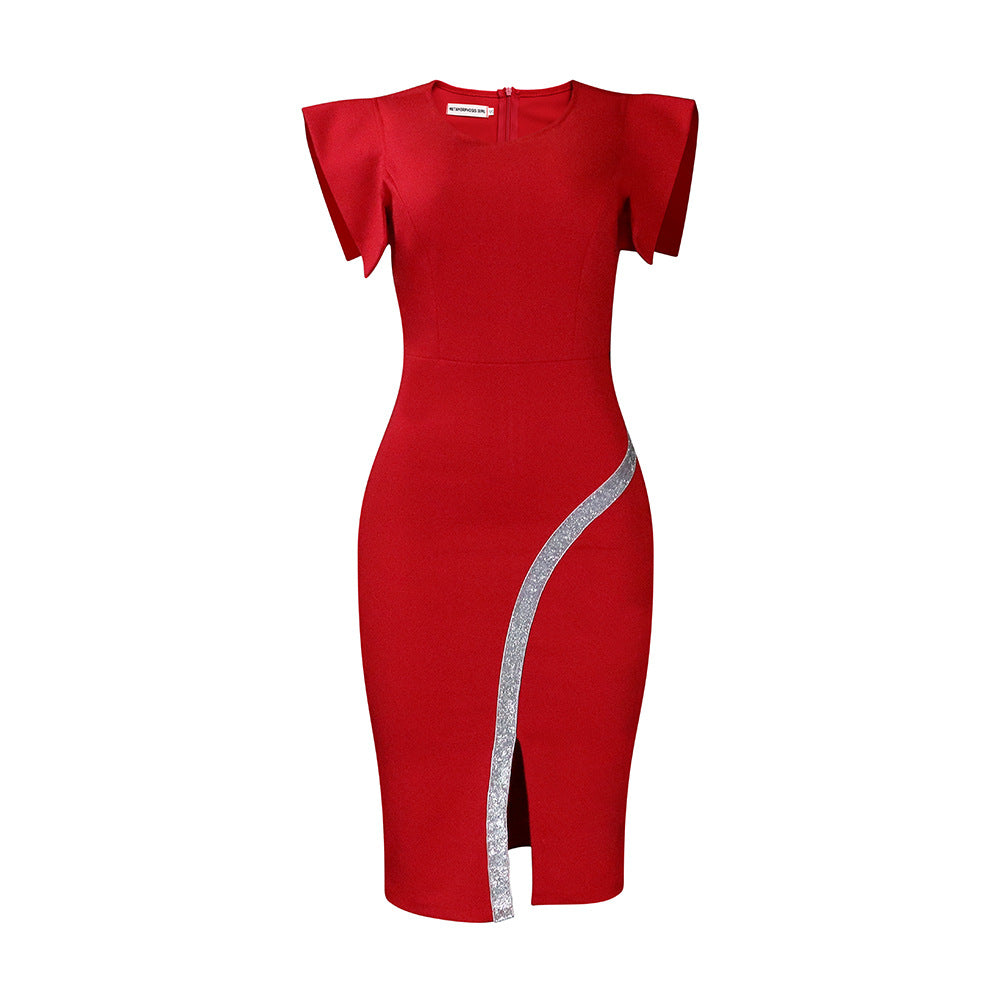 short sleeve wrap hip tight style split bright edge dress