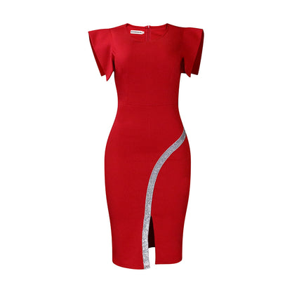 short sleeve wrap hip tight style split bright edge dress