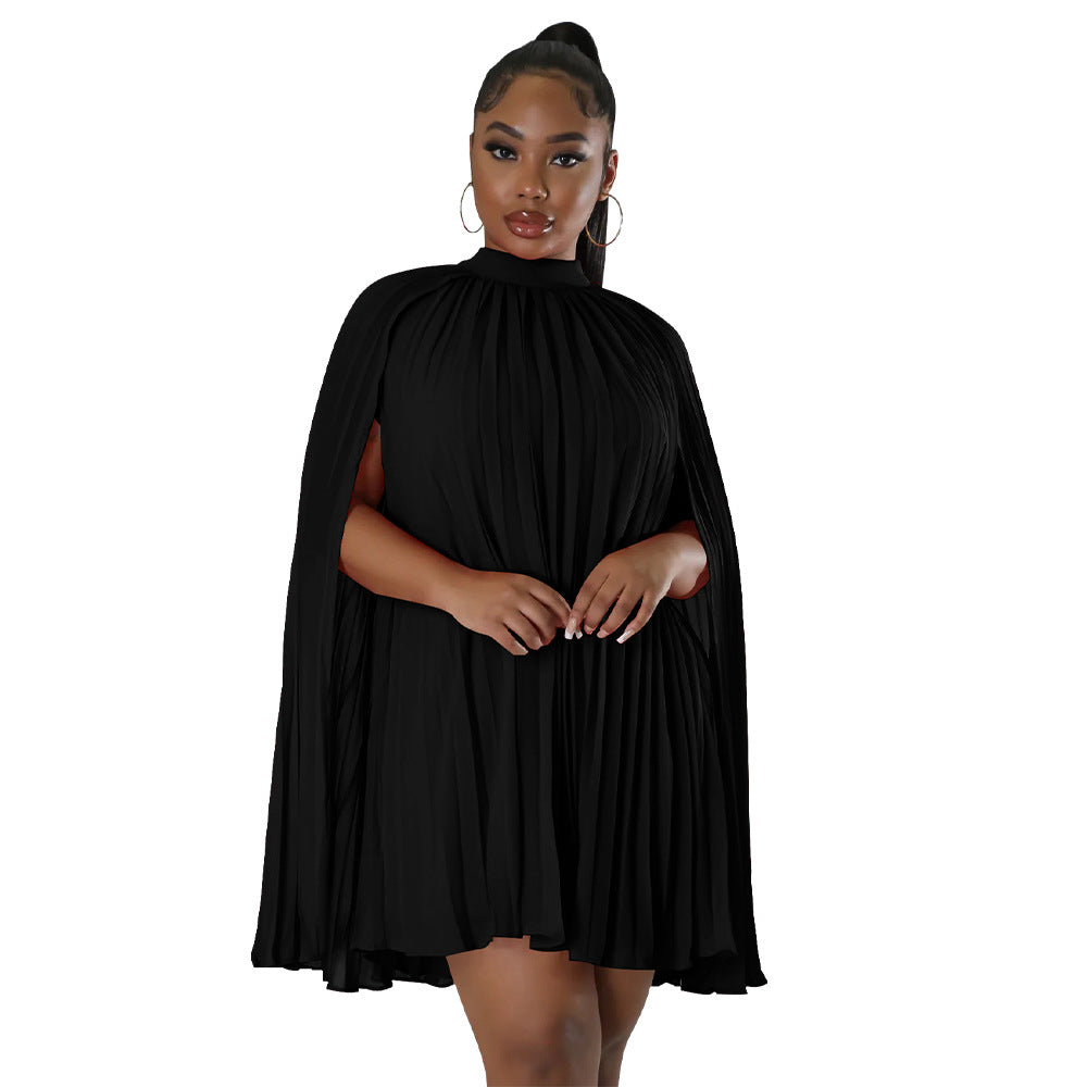 ST-dress solid color bat sleeve pleated loose chiffon dress