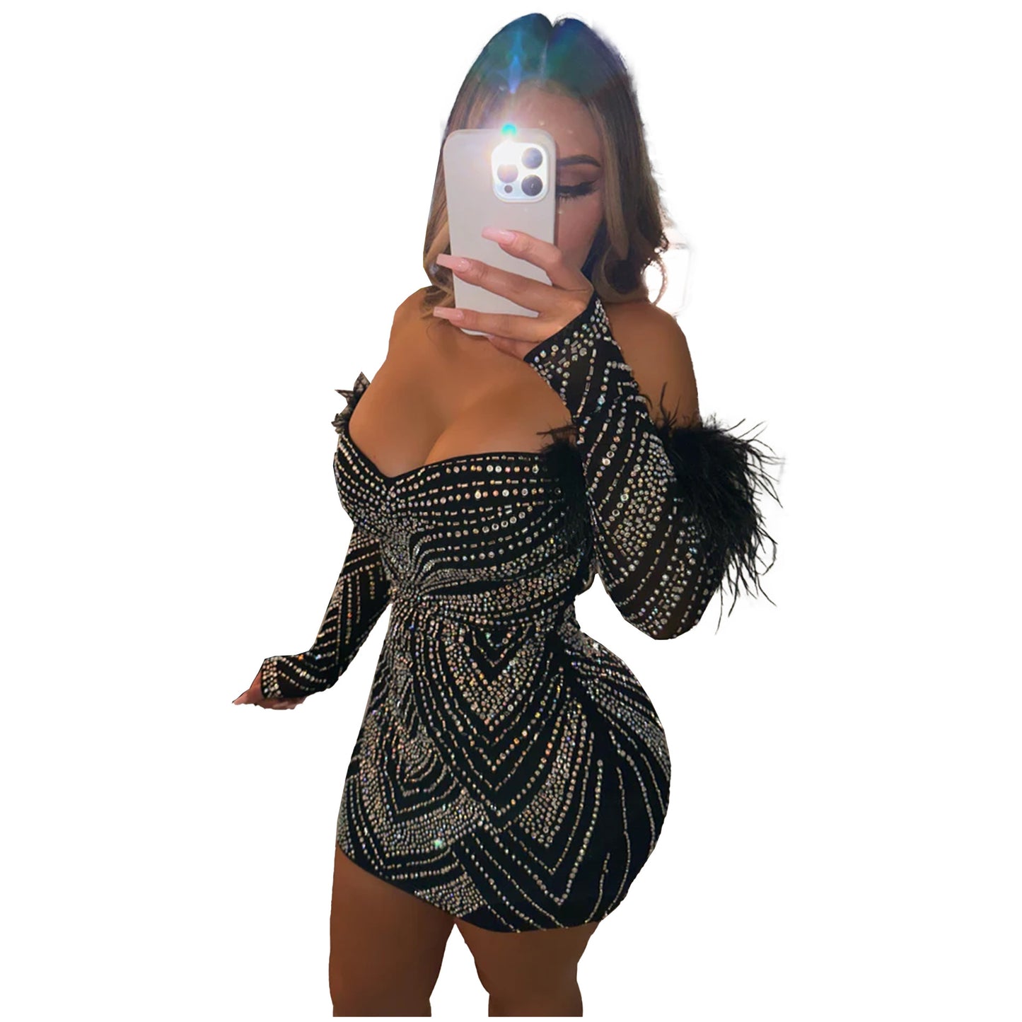 ST-dress plus size Hot drill feather stretch one-shoulder dress