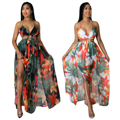 ST-dress plus size floral long suspender printed dress