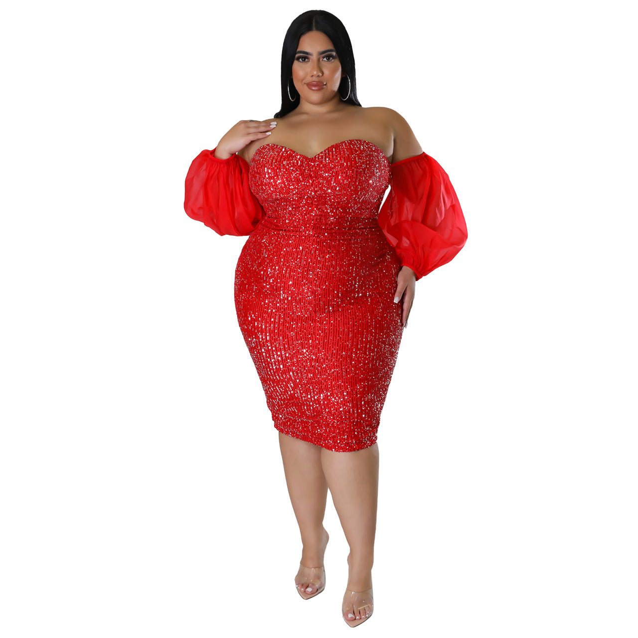 ST-dress plus size sexy sequin strapless solid color evening dress