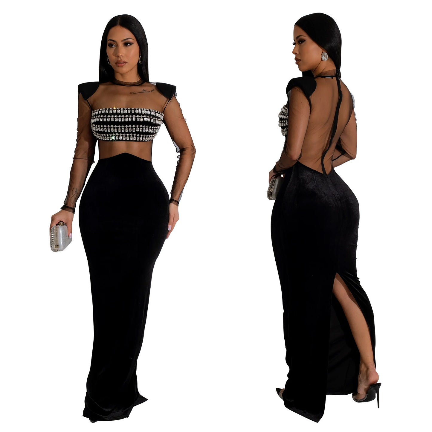 ST-dress Mesh hot diamond Maxi dress