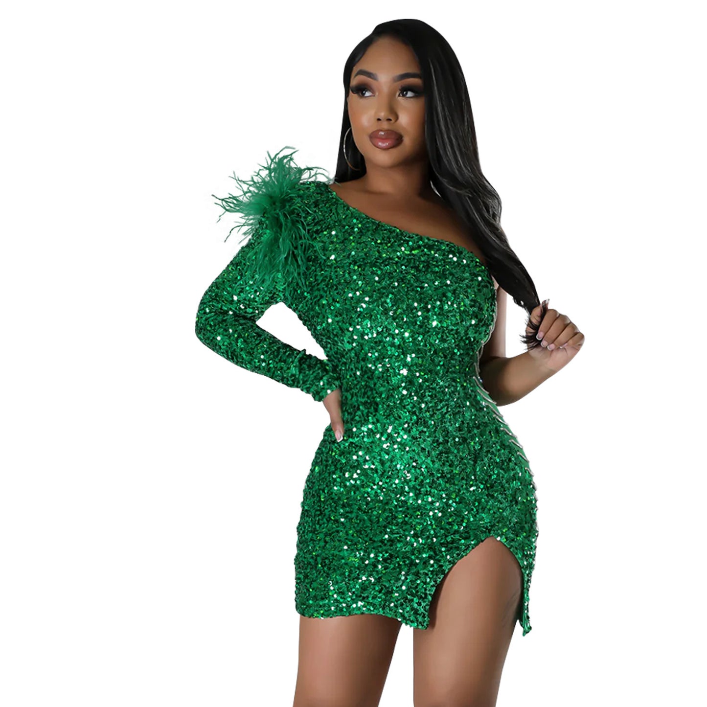 ST-DRESS One Shoulder Feather Sequin Split Dress