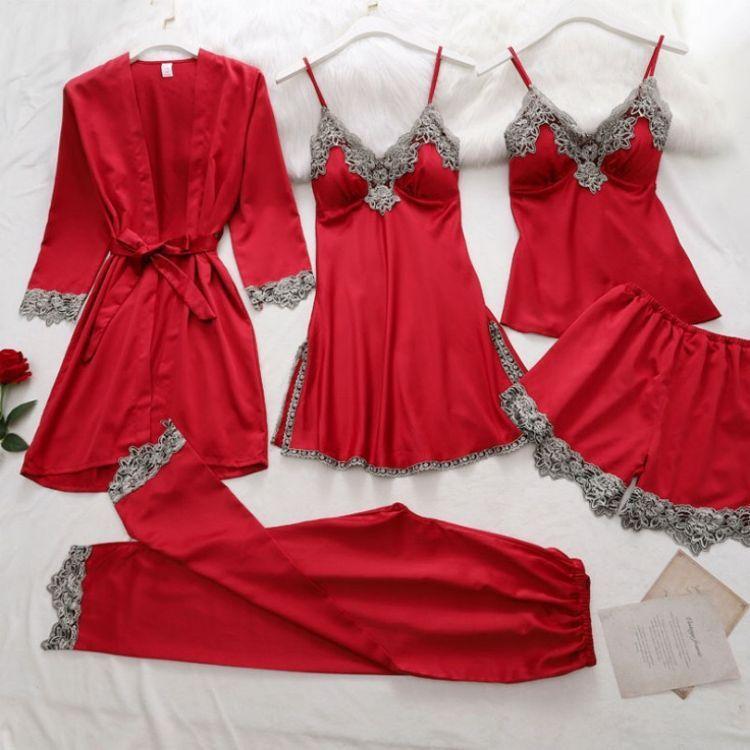 ST-dress Pendant sexy imitation silk pajamas five-piece set