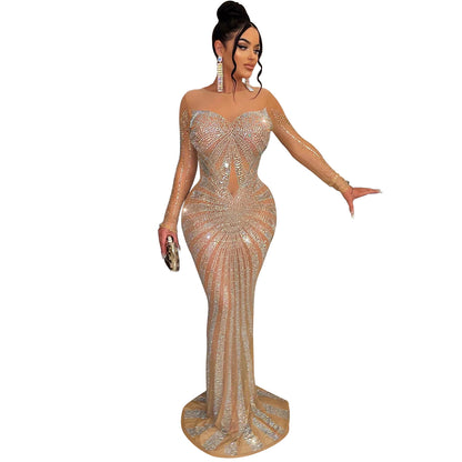 ST-dress Solid color mesh perspective hot diamond long sleeve maxi dress