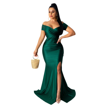 ST-dress V-neck solid color large slit short sleeved long skirt