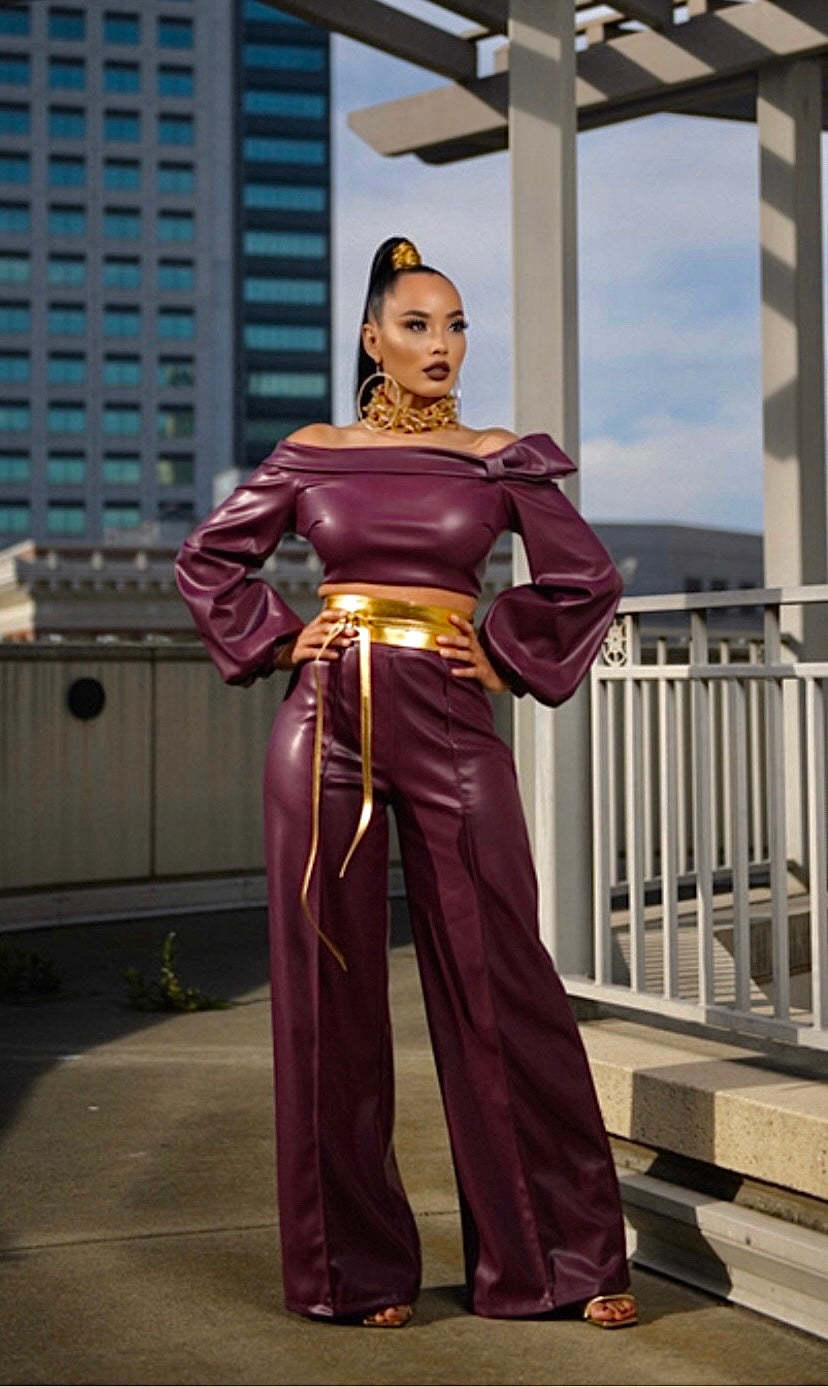 ST-dress Fashion leather top+pants two-piece set