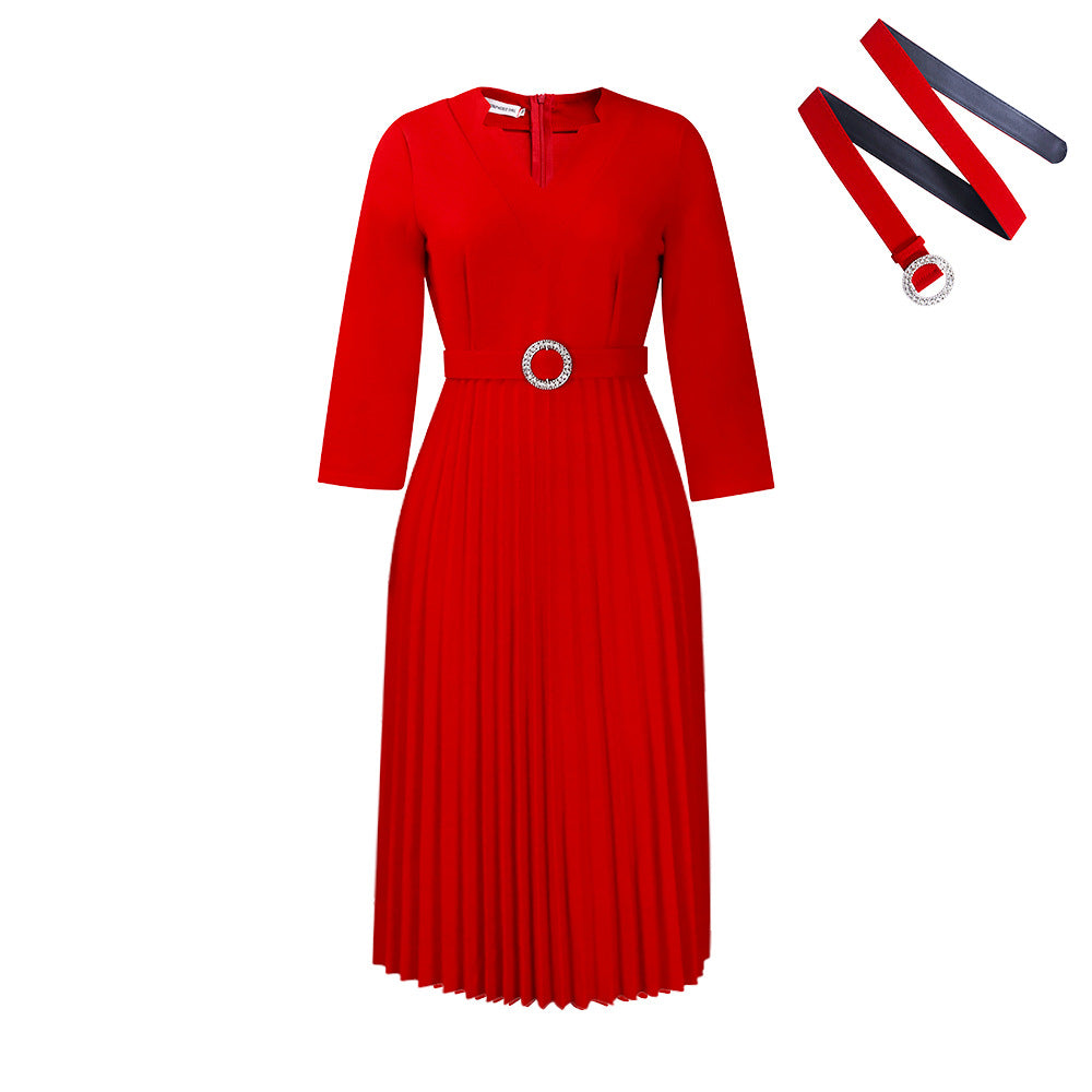 Women's V-Neck Fashion Temperament Elegant Press-Pleated Dresses