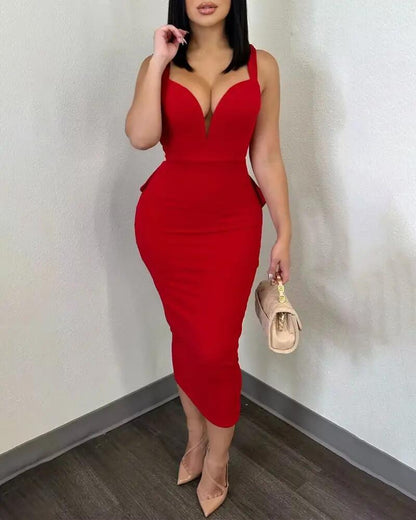 ST-dress plus size Solid color wrap hip open back deep V bow stretch slit dress