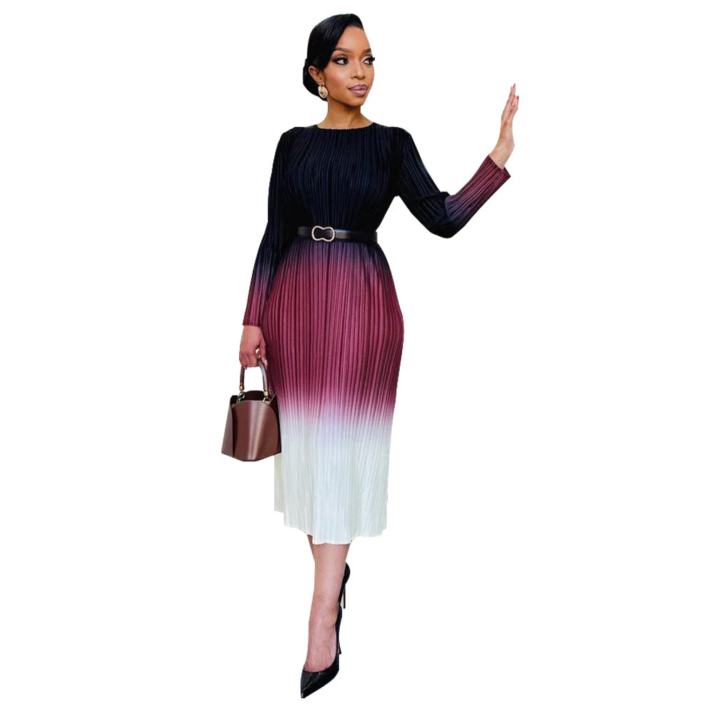 ST-dress Gradient printed long sleeved pleated dress