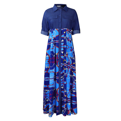 ST-dress plus size Casual denim patchwork printed long skirt big swing dress