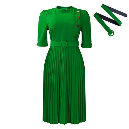 ST-dress New Style Solid Color Pleated Button Dress